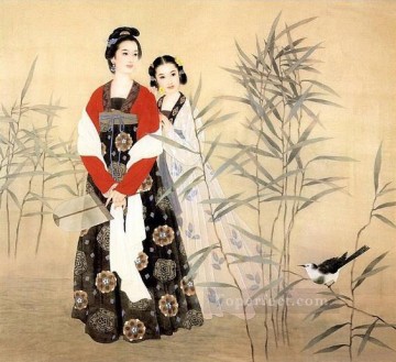 中国の伝統芸術 Painting - 葦原と鳥の中国の乙女